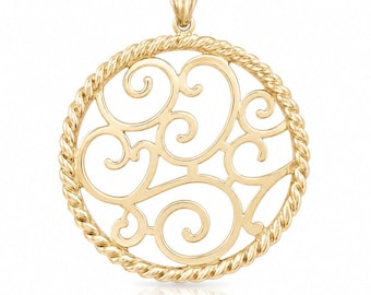 Ornate Scrollwork Round Pendant, Openwork Filigree Necklace Charm, Vintage Inspired Design