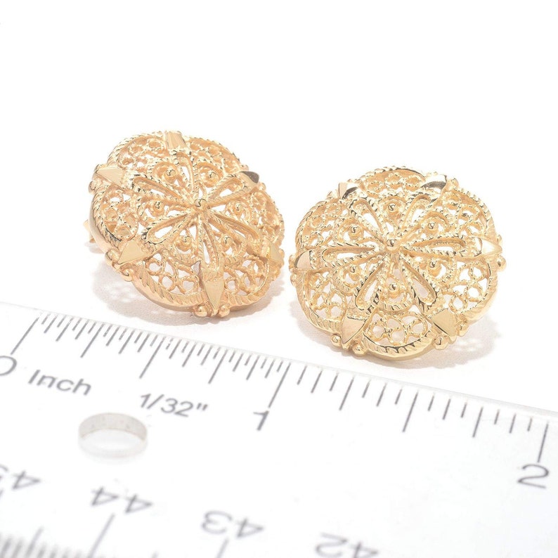 Filigree Stud Button Gold Earrings, Beaded Button Filigree Style, Classic Vintage Gold Style Circle Button Artisan Handmade Earrings image 8