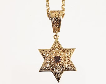 Star of david, Star Shaped Celestial Pendant, Jewish Necklace, Charm Chain Together, Judaica Jewelry, Mitzvah Gift Gemstone Garnet Citrine