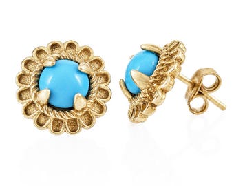 Turquoise Cabochon Stud Earrings, Ornate Floral Round Earrings