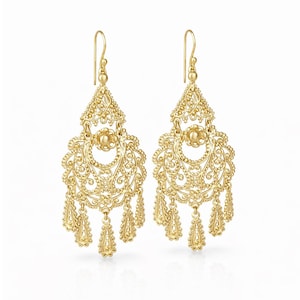 Pendientes colgantes de filigrana dorada estilo candelabro – Pendientes colgantes de 7,6 cm de inspiración vintage, joyería artesanal de gran impacto.