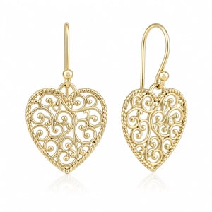 May include: A pair of gold-toned heart-shaped earrings featuring an intricate filigree scrollwork pattern within a twisted rope-style border. Each earring hangs from a simple curved ear wire, showcasing a delicate openwork design in polished metal.