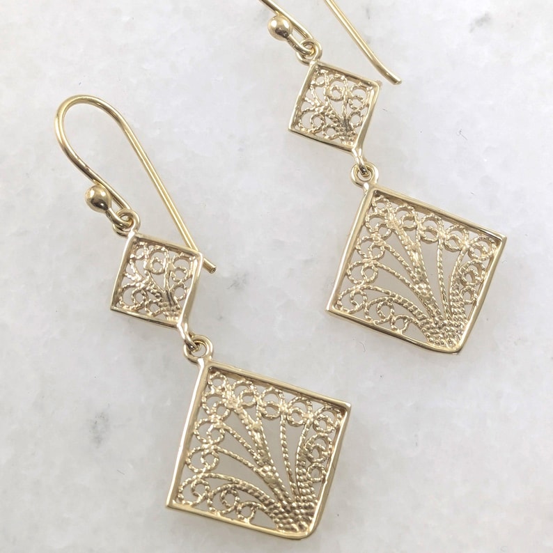 To Dangle Gold Over Bronze Filigree Diamond-shaped Dangle Earrings – Elegant ...