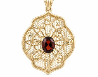 Natural Garnet Filigree Pendant, Ornate Scrollwork Gemstone Design