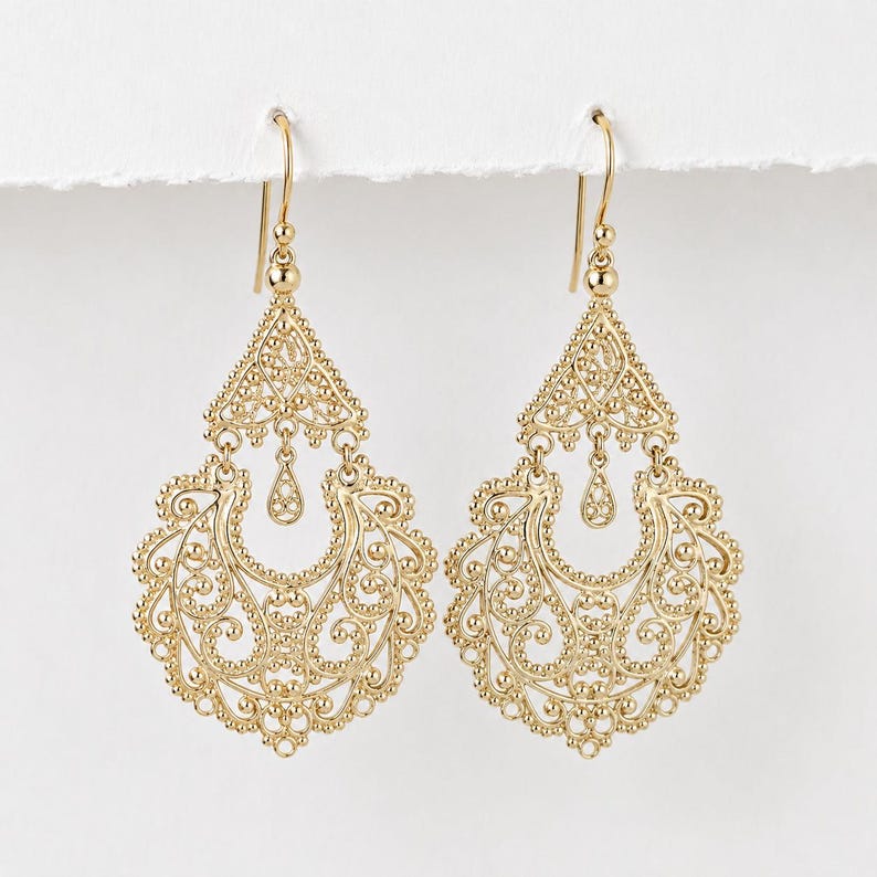 Gold Filigree Chandelier Earrings – Vintage-Inspired Statement Dangle Earrings, Artisan Handcrafted Jewelry