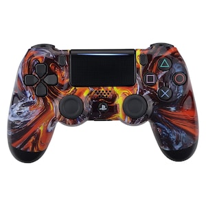 May include: A black PlayStation 4 controller with a custom orange, yellow and blue swirl design.
