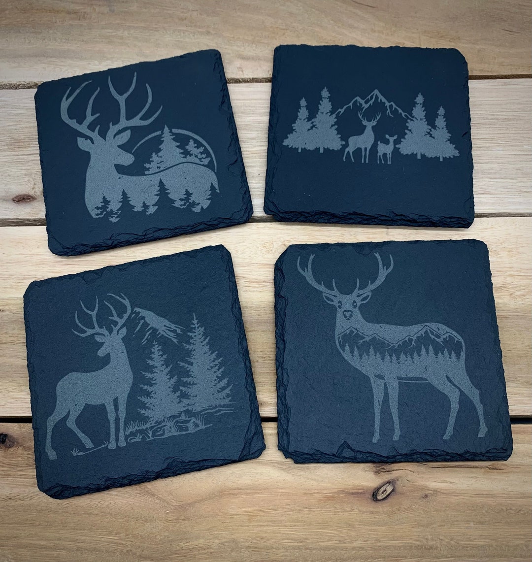 Hunting, Deer, Slate Coasters set of 4, Laser Engraved, Holiday Gift