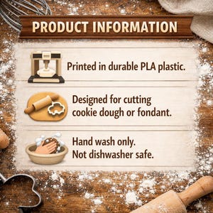 Puede incluir: Imagen con texto: INFORMACI&Oacute;N DEL PRODUCTO. Impreso en pl&aacute;stico PLA duradero. Dise&ntilde;ado para cortar masa de galletas o fondant. Lavar a mano &uacute;nicamente. No apto para lavavajillas. La imagen muestra una impresora 3D, un rodillo y una mano lavando una galleta.