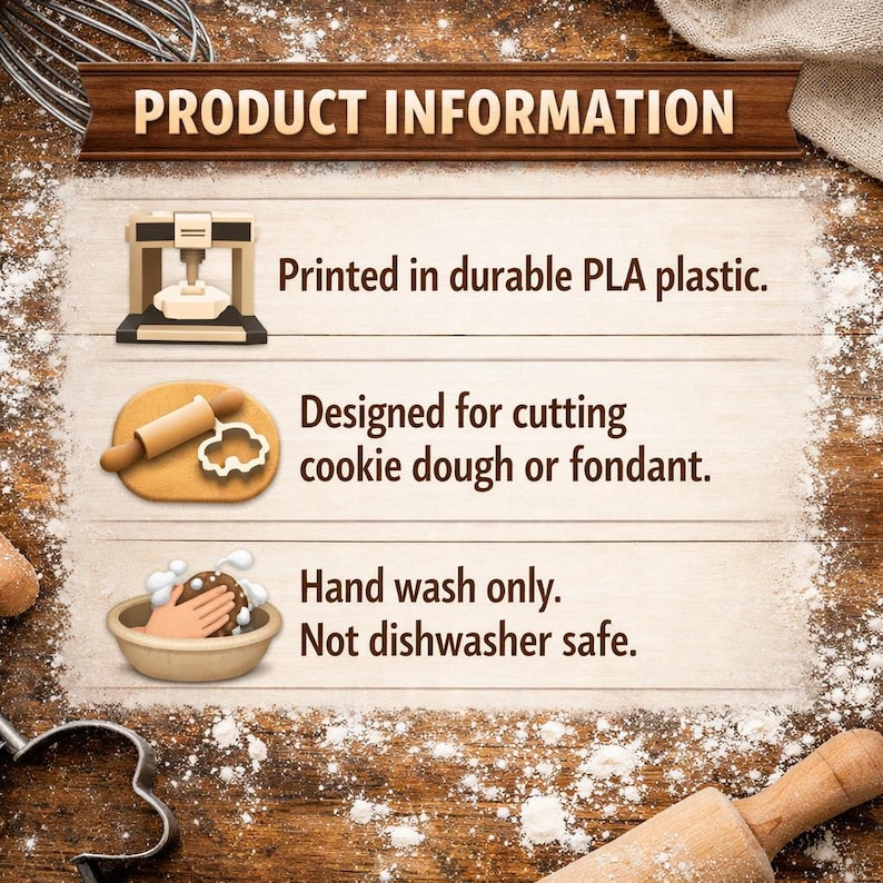 Puede incluir: Imagen con texto: INFORMACI&Oacute;N DEL PRODUCTO. Impreso en pl&aacute;stico PLA duradero. Dise&ntilde;ado para cortar masa de galletas o fondant. Lavar a mano &uacute;nicamente. No apto para lavavajillas. La imagen muestra una impresora 3D, un rodillo y una mano lavando una galleta.