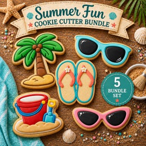 Könnte beinhalten: Eine Sammlung von Ausstechern zum Thema Sommer, darunter eine Palme, Sonnenbrillen, Flip-Flops und ein Sandeimer mit einer Schaufel. Die Kekse sind in leuchtenden Farben dekoriert und tragen den Text "Summer Fun Cookie Cutter Bundle".