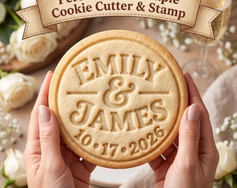 Personalized Couple Cookie Cutter & Stamp, Custom Wedding Cookie Stamp, Names and Date Embosser, Anniversary Cookie Cutter