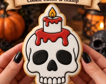 Skull with Candle Cookie Cutter & Stamp | Halloween Skull Cookie Cutter | Spooky Candle Cookie Stamp | Gothic Halloween