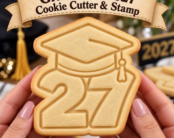 Graduation 2027 Cookie Cutter & Stamp | Grad Cap Embosser | Celebration Dough Press, Party Treats