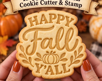 Happy Fall Y’all Cookie Cutter & Stamp, Fall Cookie Stamp, Pumpkin Cookie Embosser, Autumn Cookie Cutter, Thanksgiving Baking