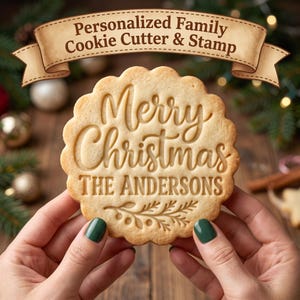 May include: A round, scalloped-edge cookie featuring the embossed text Merry Christmas and THE ANDERSONS, with a decorative sprig design at the bottom. Above the cookie, a banner displays the text Personalized Family Cookie Cutter & Stamp.