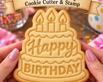Happy Birthday Cake Cookie Cutter & Stamp, Birthday Cookie Stamp, Cake Cookie Embosser, Birthday Party Cookie Cutter, Baking