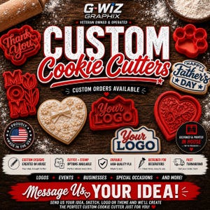 May include: A collection of red plastic cookie cutters and decorated cookies featuring various shapes including hearts, a paw print, and text designs. The image includes the text G-WIZ GRAPHIX, CUSTOM COOKIE CUTTERS, and various promotional phrases about custom orders and design services.