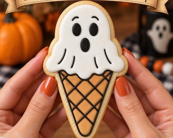 Ice Cream Ghost Cookie Cutter & Stamp | Halloween Ghost Cookie Cutter | Cute Spooky Cookie Stamp | Halloween Baking