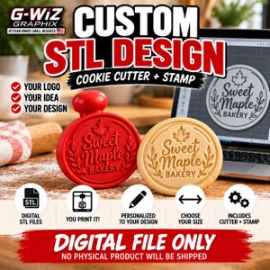 Puede incluir: Un cortador y sello de galletas de plástico rojo con el texto Sweet Maple Bakery y un icono de hoja de arce. Al lado hay una galleta impresa a juego. La imagen incluye texto que indica un diseño STL personalizado para descarga digital.