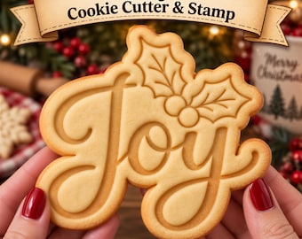 JOY Christmas Cookie Cutter & Stamp, Holly Berry Cookie Stamp, Christmas Word Cookie Embosser, Holiday Baking Cutter