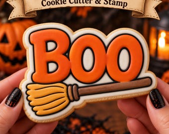 BOO with Broom Cookie Cutter & Stamp | Halloween Cookie Cutter | Witch Broom Cookie Stamp | Spooky Halloween Baking