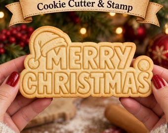 Merry Christmas Cookie Cutter & Stamp, Christmas Cookie Stamp, Santa Hat Cookie Cutter, Embossed Holiday Cookie