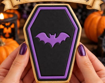 Spooky Coffin Cookie Cutter & Stamp | Bat Motif | Halloween Embosser | Gothic Baking Tool