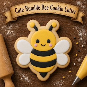 May include: A cookie shaped like a bumblebee with yellow and black stripes, white wings, and a smiling face. Above the cookie is a tan banner with the text "Cute Bumble Bee Cookie Cutter" printed in dark brown letters on a wooden surface.