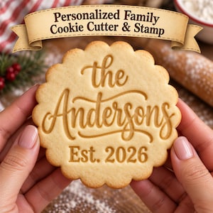 May include: A round, scalloped-edge cookie featuring the embossed text 'the Andersons Est. 2026' in a script and serif font combination. Above the cookie, a banner displays the text 'Personalized Family Cookie Cutter & Stamp'.