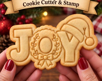 JOY Christmas Cookie Cutter & Stamp, Christmas Wreath Cookie Stamp, Santa Hat Cookie Embosser, Holiday Baking Cutter