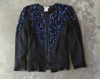 Vintage Black Sequin Jacket, Vintage Sequin Top, 1980s, Large, Black Beaded Blouse, AP Ltd
