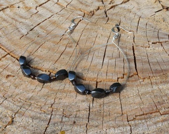 Hematite & Botswana Agate Teardrop Silver Wire Earrings HBA222
