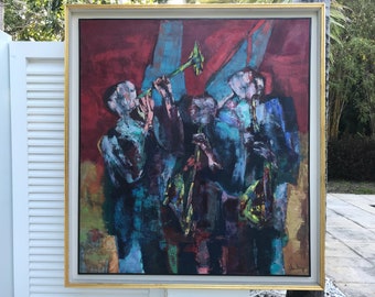 Abstract Painting on Canvas Three Musicians Mid Century Modern