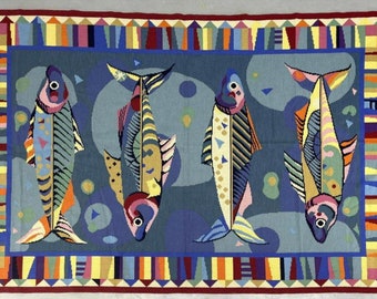 Modernist Wool Rug with Fish Motif Mid Century Modern