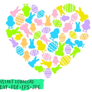 Coeur de Pâques formes SVG, conception de chemise de Pâques, lapins de Pâques, des poussins de Pâques, des oeufs de Pâques, cœur, couper fichier, camée silhouette, cricut