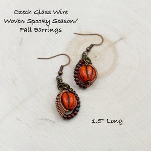 Czech Glass Melons Pumpkin Shape Earrings Copper Wire Wrap Jewelry Fall Season Spooky Theme Dangle Jewelry Gifts