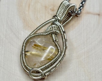 Handmade Jewelry Mothers Day Gift For Her Sterling Silver Wire Wrap Gold Rutilated Quartz Pendant Crystal Jewelry Intricate