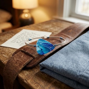 Puede incluir: Una pulsera de alambre plateado con una gran cuenta triangular de vidrio azul y blanco. La pulsera está sobre una correa de guitarra de cuero marrón, junto a una tela azul doblada. También es visible una nota manuscrita.