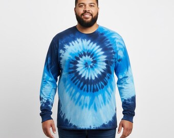 Long Sleeve 100% Cotton T-Shirt Blue Swirl Tie Dye, XL