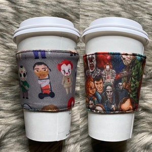 Classic horror movie scary movies character collage and chibis Cup cozy cup sleeve reusable washable