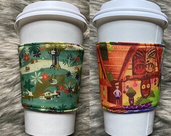 Tiki hut luau jungle river cruise theme park ride inspired art Cup cozy cup sleeve reutilizable lavable