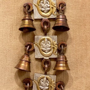 Ganesh (Ganapati) Om Antique Style Wind Chime Heavy Rustic Brass Bells (See Item Details)