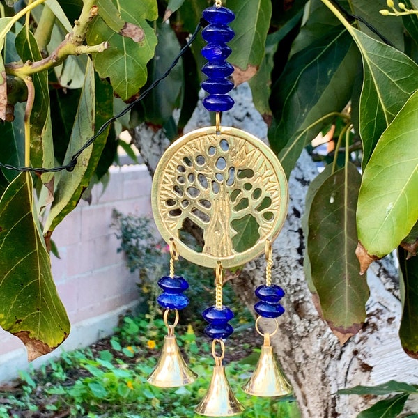 Cobalt Blue Tree of Life Small Wind Chime Sun Catcher with Glass Beads & Brass Bells
