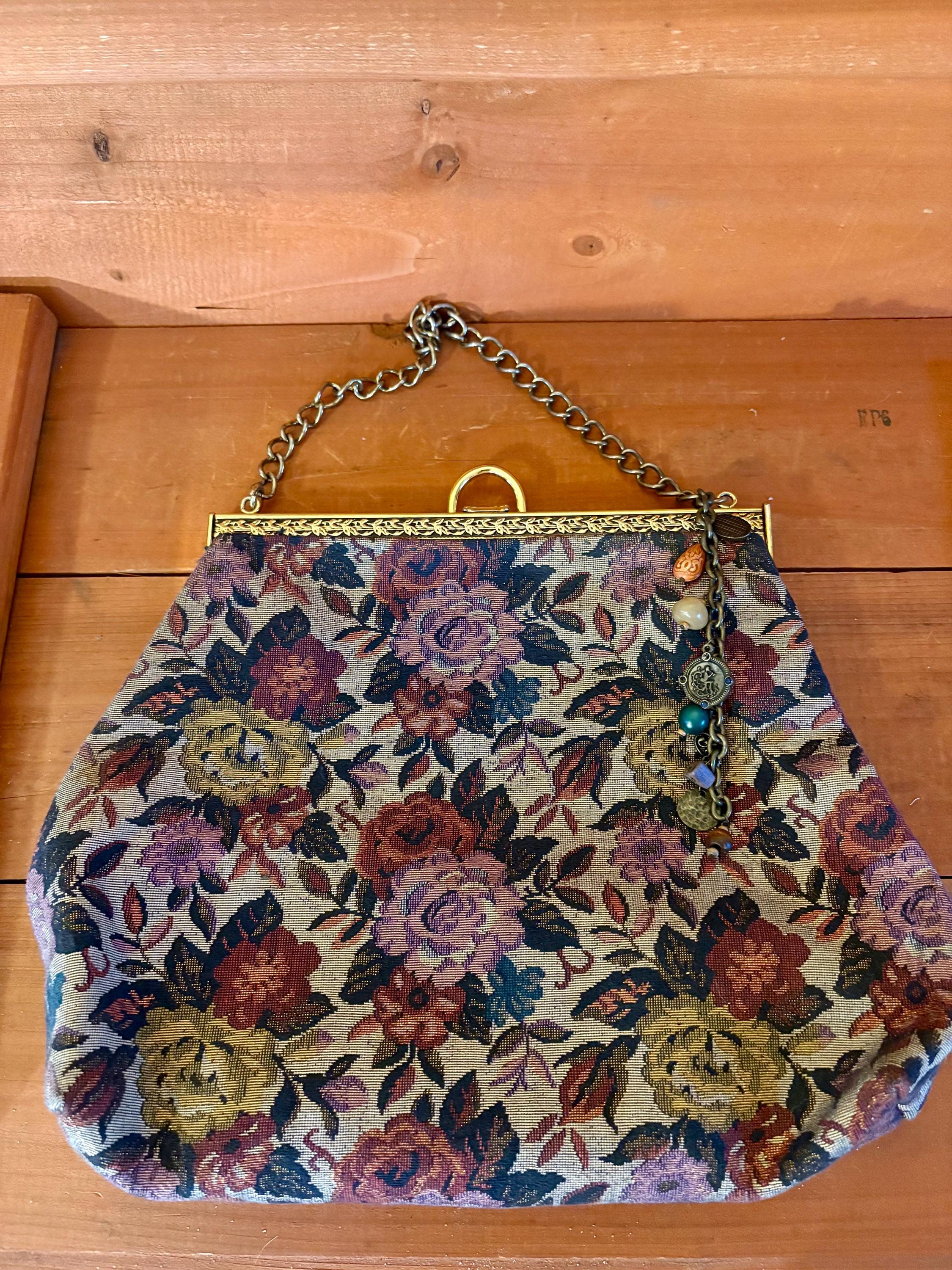 Vintage Floral Brocade Clutch Purse Gold Chain Strap, Metallic Thread Tapestry Handbag, Boho Evening Bag Bois de Rose Victorian Style