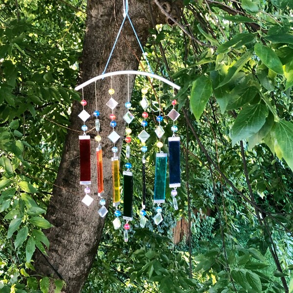 Chakra Rainbow Stained Colored Glass & Mirrors Wind Chime Sun Catcher (Dimensions in Item Details)