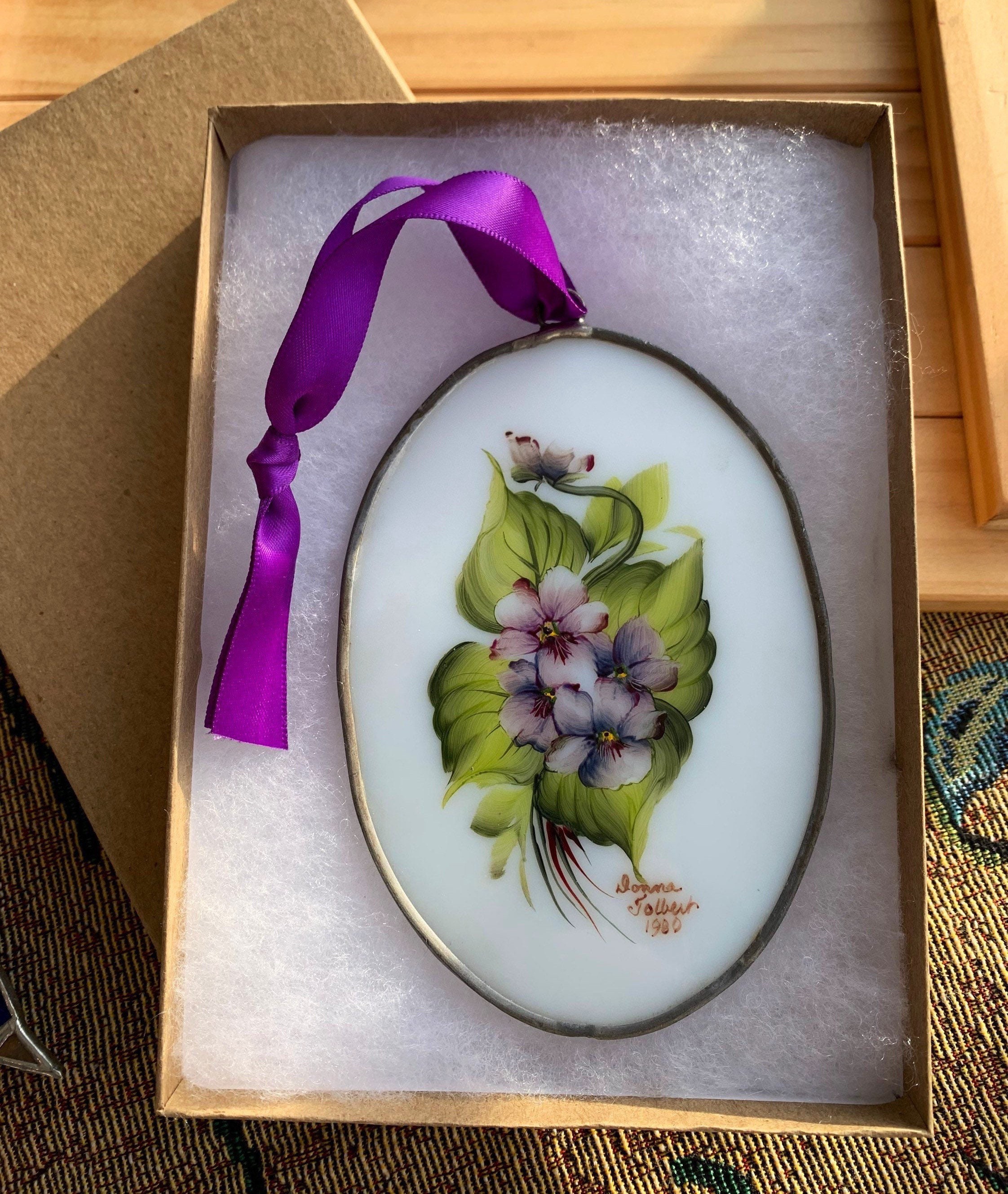Vintage Handpainted Pansy Sun Catcher, Signed Floral Glass Art
