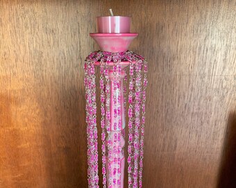Wedding Candle Stick Holder Bohemian Style With Pink Glass Beads