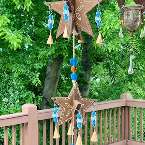 Hanukkah Wooden Stars Wind Chime Blue Glass Beads & Rustic Bells Sun Catcher Mobile