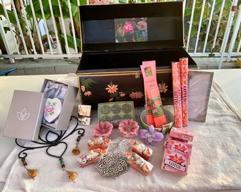 Lotus Gift Set Altar Essentials Vintage Tin  Chest Meditation Basket Wind Chime Incense Candles Heart Porcelain Trinket Dish Notepad & More