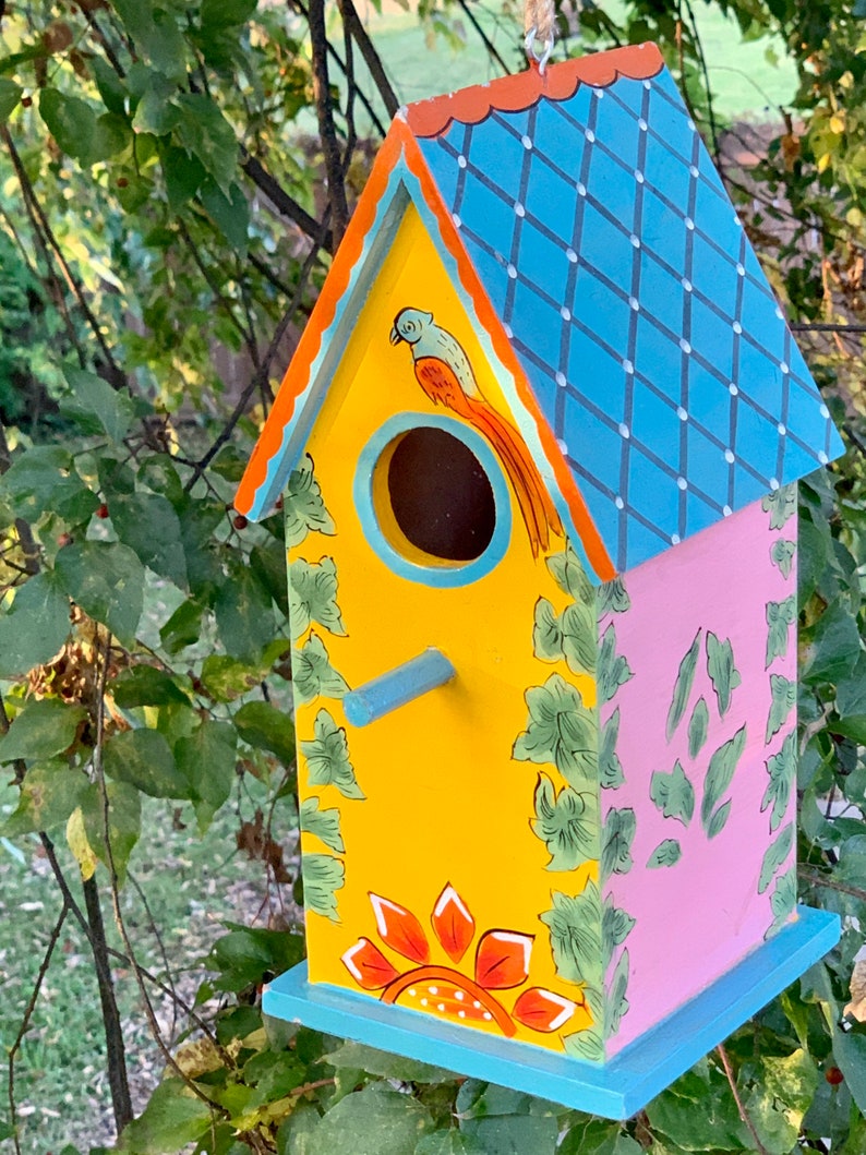 Hand Painted Yellow & Pink With Red Parrot Artisan Bird House - Etsy